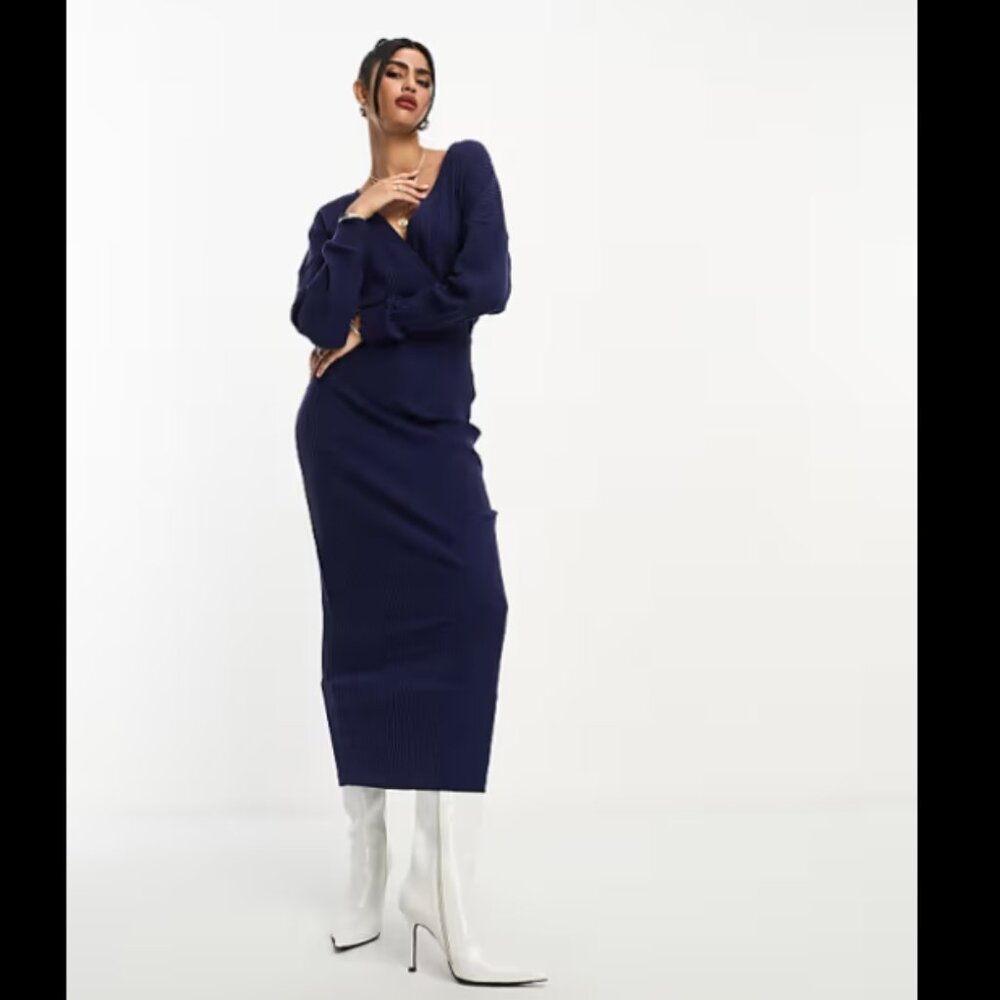 Navy Blue super soft wrap front ribbed midi dress with long sleeve US 6